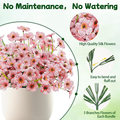 6 Bundles Pink Artificial Flowers for Outdoors, UV Resistant Faux Plants