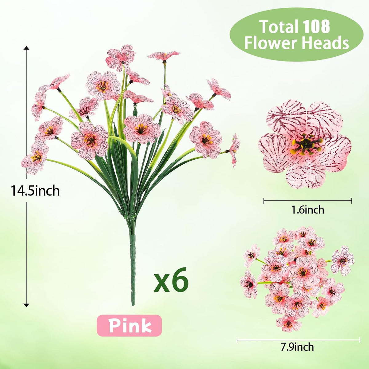 6 Bundles Pink Artificial Flowers for Outdoors, UV Resistant Faux Plants