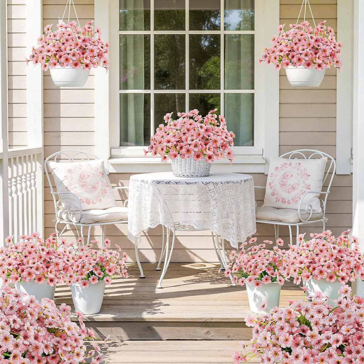 6 Bundles Pink Artificial Flowers for Outdoors, UV Resistant Faux Plants