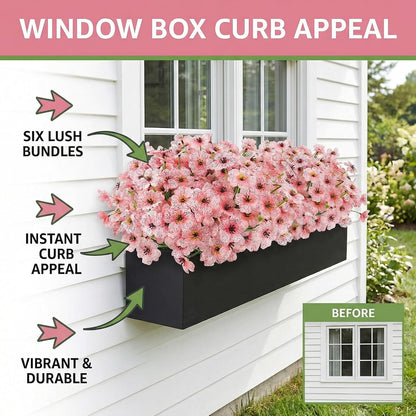 6 Bundles Pink Artificial Flowers for Outdoors, UV Resistant Faux Plants