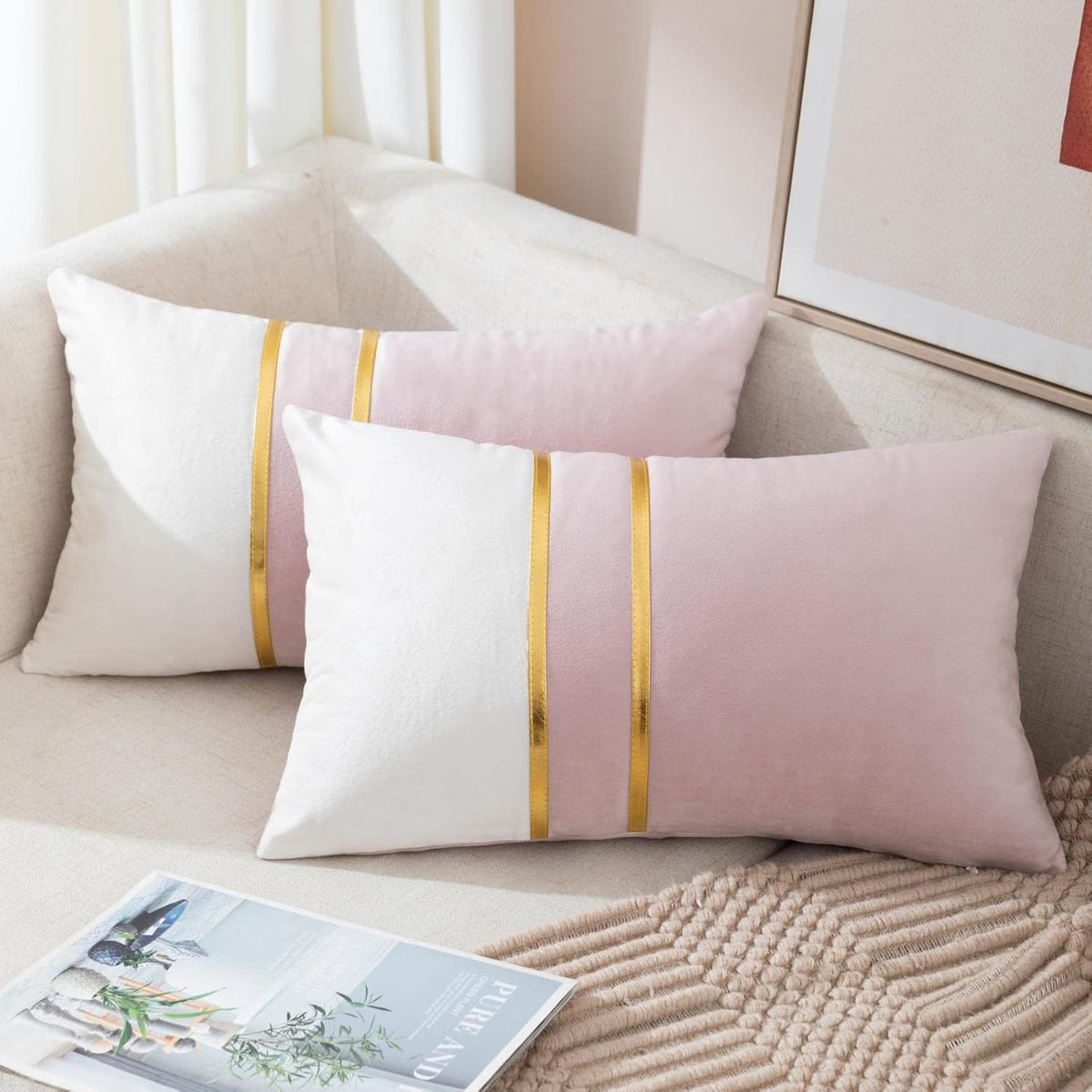 Gold Leather Striped Throw Pillow Covers 12×20 Inch.Pink