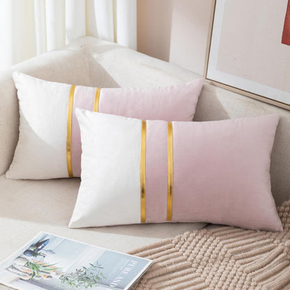 Gold Leather Striped Throw Pillow Covers 12×20 Inch.Pink