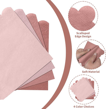 120 Pack Dusty Pink Napkins, 5 x 5 Inch Gradient Pink Cocktail Napkin Scalloped Beverage Dessert Napkin for Dinner Wedding Baby Shower Bridal Anniversary Reception