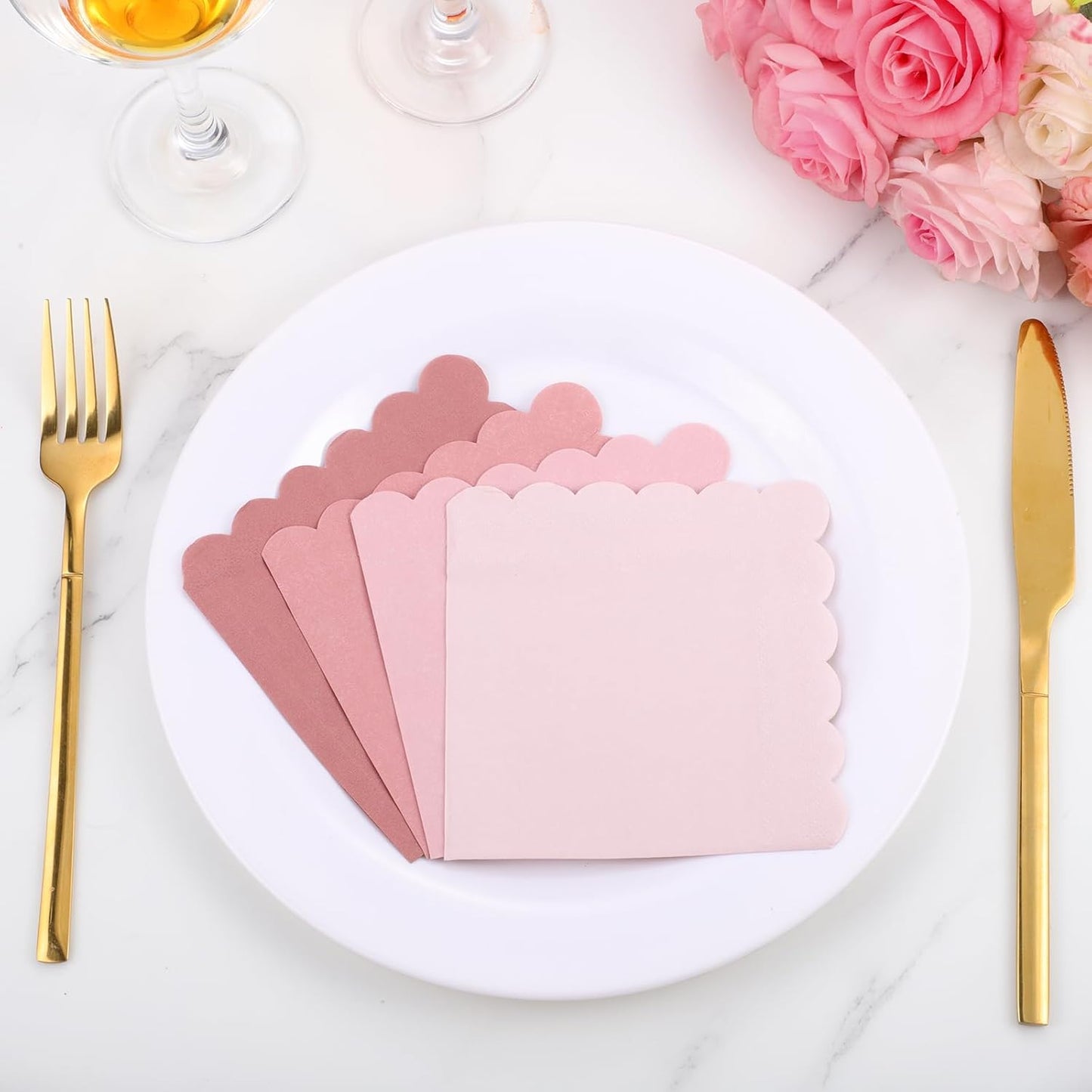 120 Pack Dusty Pink Napkins, 5 x 5 Inch Gradient Pink Cocktail Napkin Scalloped Beverage Dessert Napkin for Dinner Wedding Baby Shower Bridal Anniversary Reception