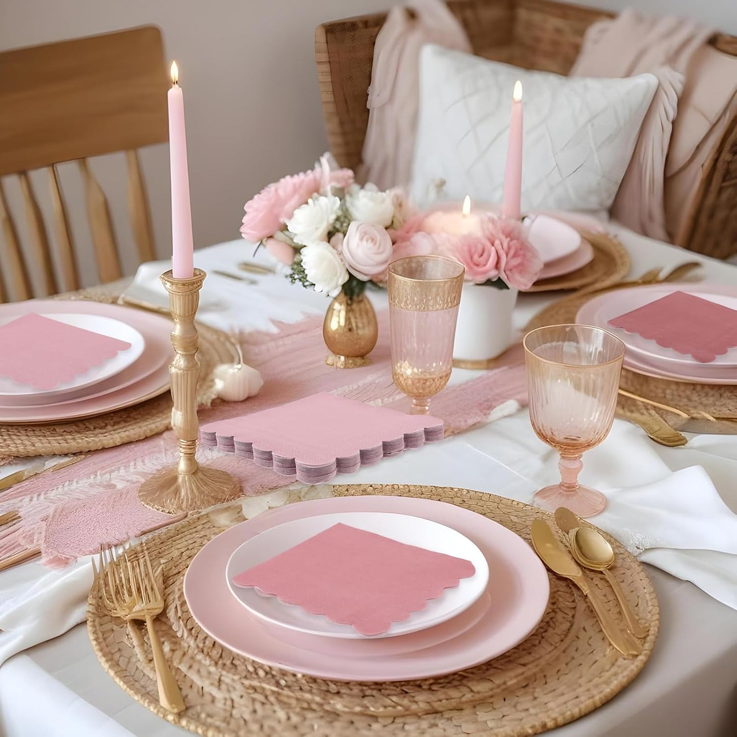 120 Pack Dusty Pink Napkins, 5 x 5 Inch Gradient Pink Cocktail Napkin Scalloped Beverage Dessert Napkin for Dinner Wedding Baby Shower Bridal Anniversary Reception
