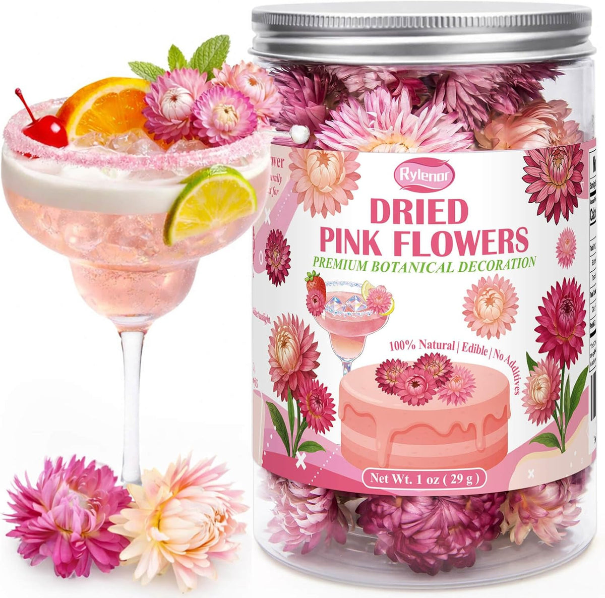 50+ Pcs Edible Pink Dried Flowers, Food Grade Helichrysum Strawflowers