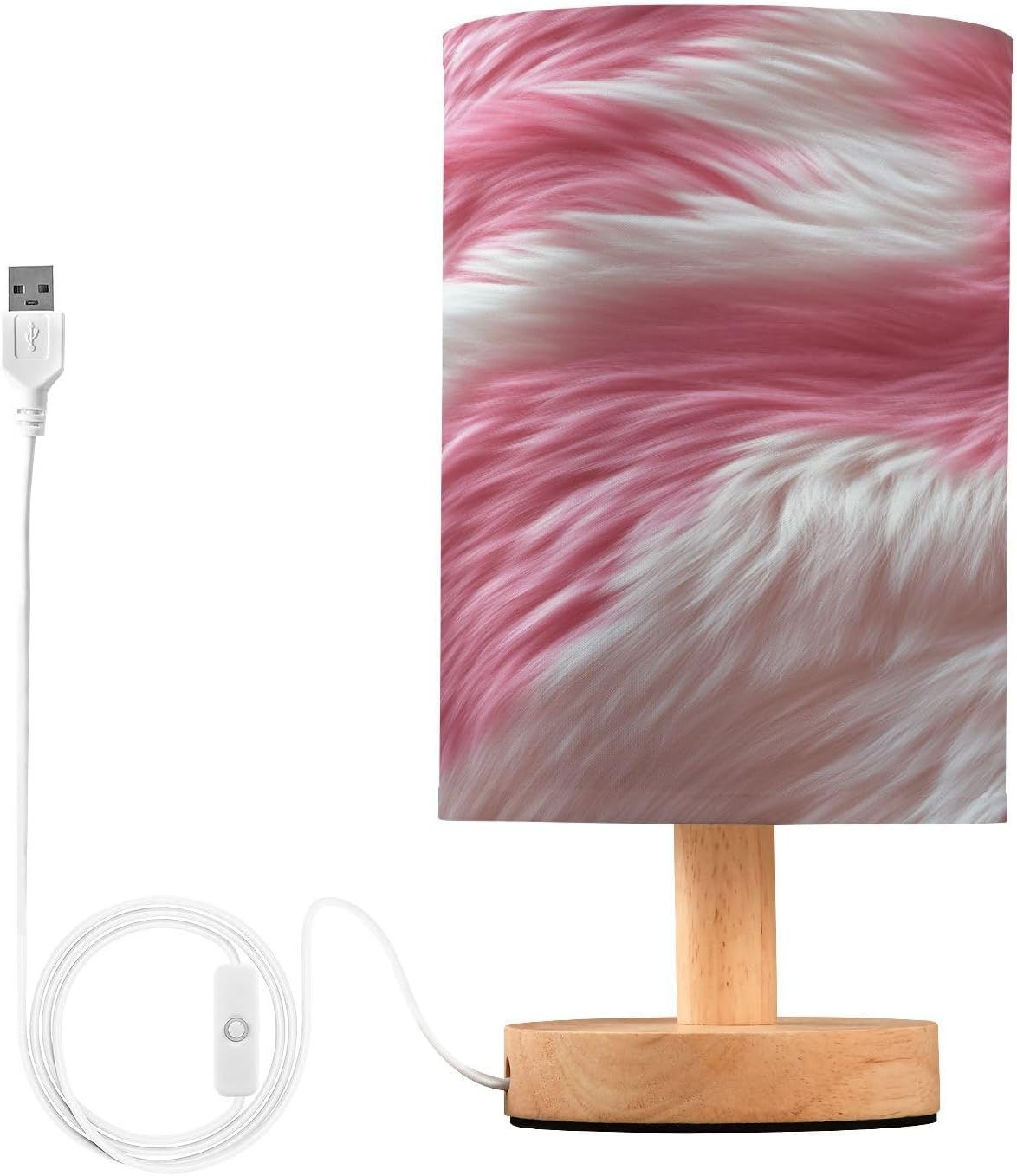 Table LED Lamps Pink and White Fur Bedroom Night Light Bedside Lamps with USB Ports Nightstand Lamps Wood Base Living Room Dorm Office