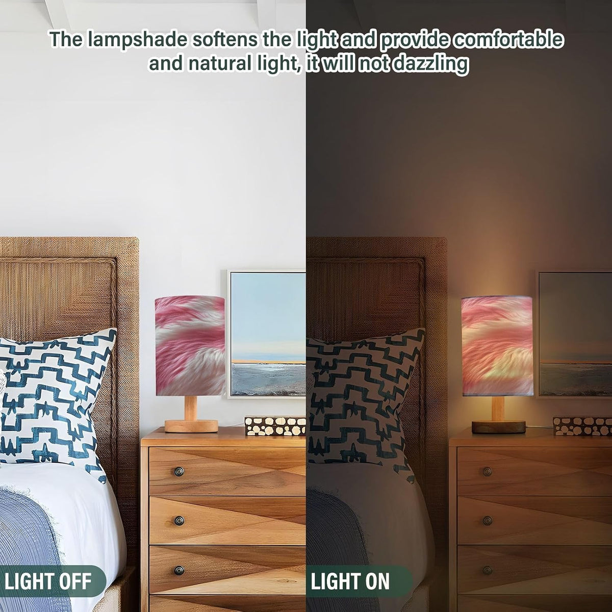 Table LED Lamps Pink and White Fur Bedroom Night Light Bedside Lamps with USB Ports Nightstand Lamps Wood Base Living Room Dorm Office