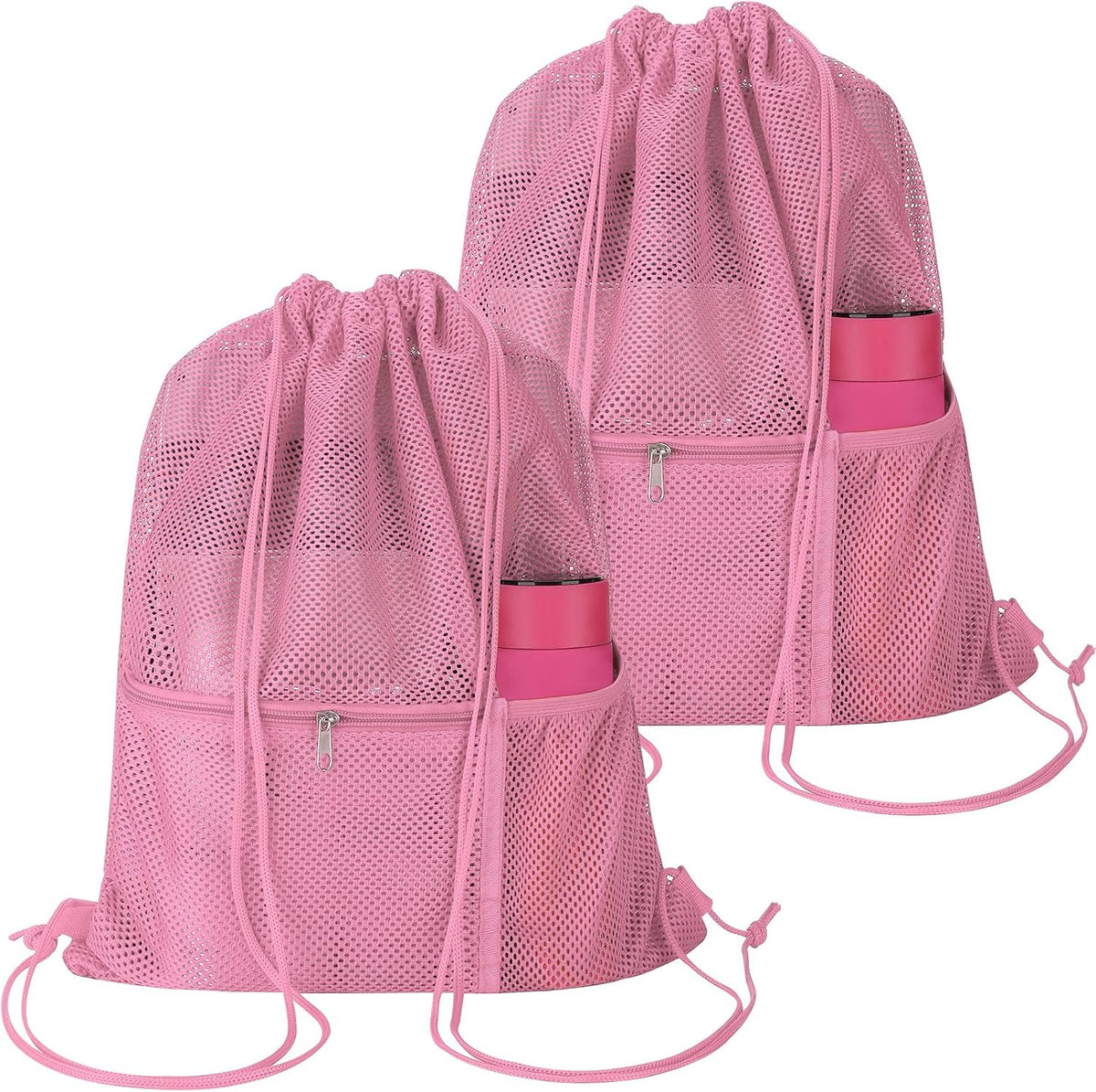2 PACK Mesh Drawstring Backpack Bag, Multifunction Mesh Bag for Swimming, Athletic Gym, Clothes, Beach, Swim (Pink)