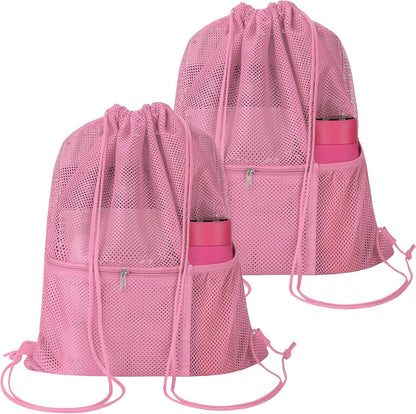 2 PACK Mesh Drawstring Backpack Bag, Multifunction Mesh Bag for Swimming, Athletic Gym, Clothes, Beach, Swim (Pink)