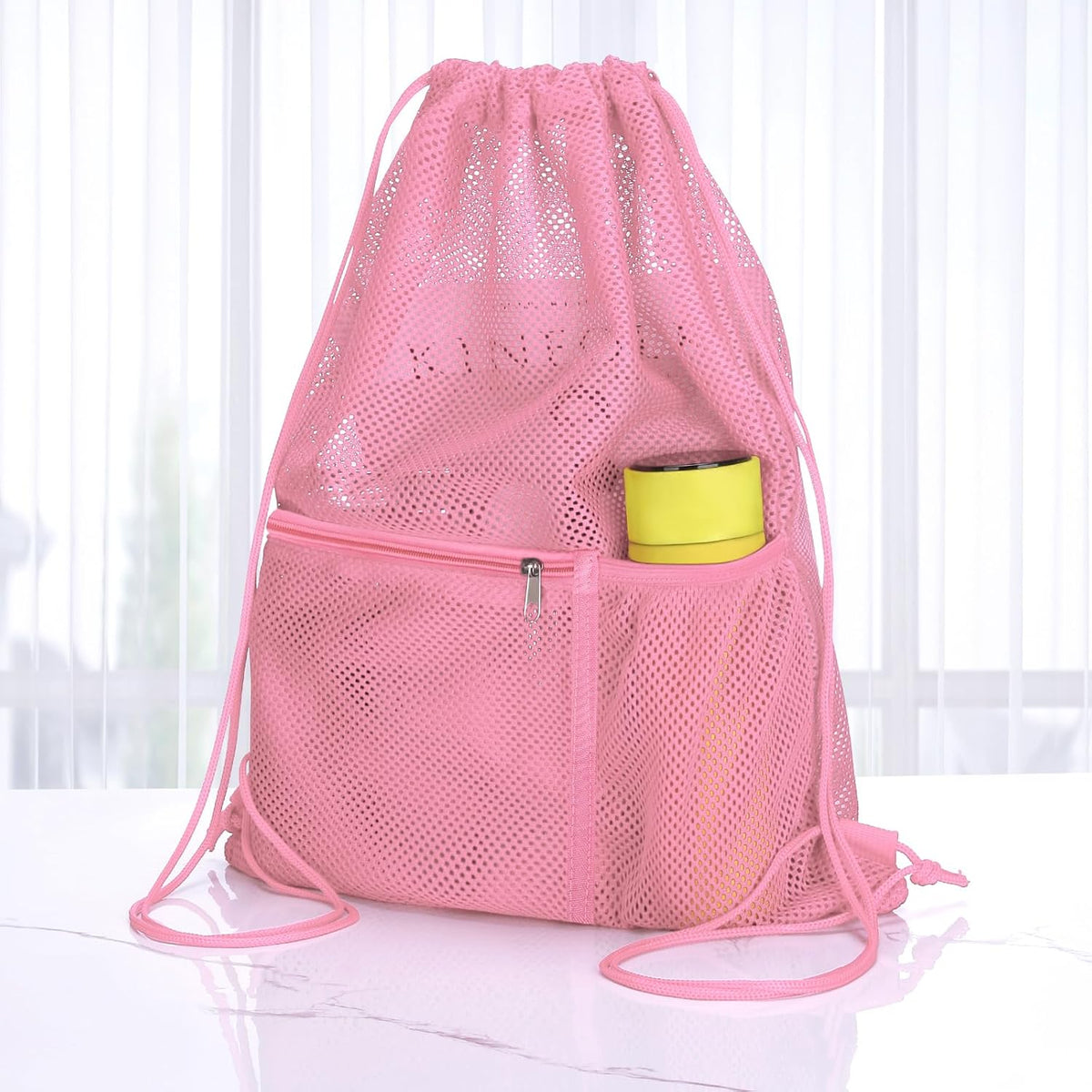 2 PACK Mesh Drawstring Backpack Bag, Multifunction Mesh Bag for Swimming, Athletic Gym, Clothes, Beach, Swim (Pink)