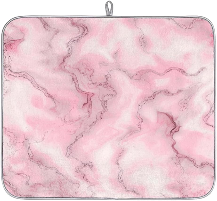Polyester Absorbent Small Dish Drying Mat - 16x18 Inch Quick Dry Kitchen Counter Protector for Dishes & Utensils, Light Pink Marble Pattern