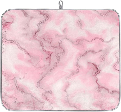 Polyester Absorbent Small Dish Drying Mat - 16x18 Inch Quick Dry Kitchen Counter Protector for Dishes & Utensils, Light Pink Marble Pattern