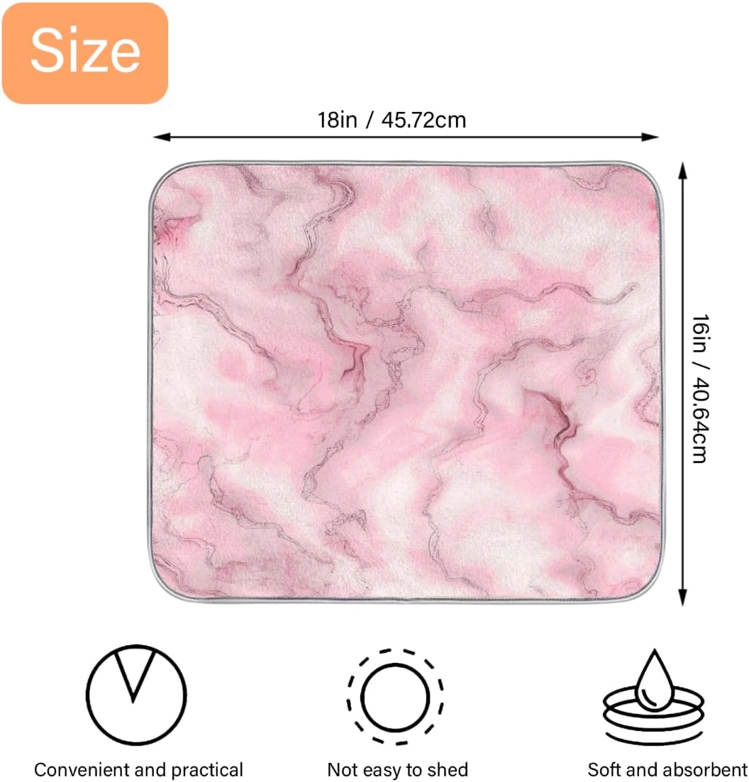 Polyester Absorbent Small Dish Drying Mat - 16x18 Inch Quick Dry Kitchen Counter Protector for Dishes & Utensils, Light Pink Marble Pattern