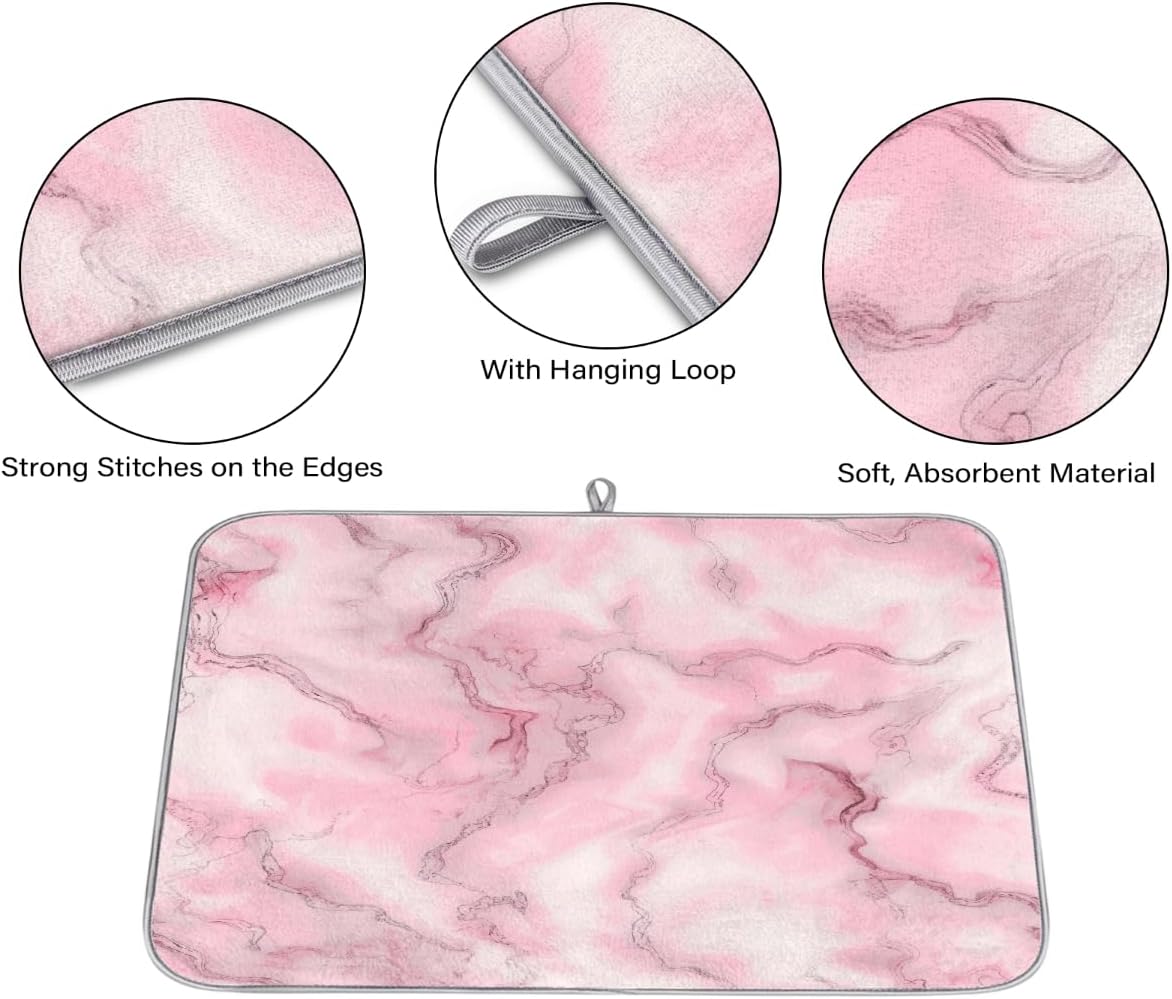 Polyester Absorbent Small Dish Drying Mat - 16x18 Inch Quick Dry Kitchen Counter Protector for Dishes & Utensils, Light Pink Marble Pattern