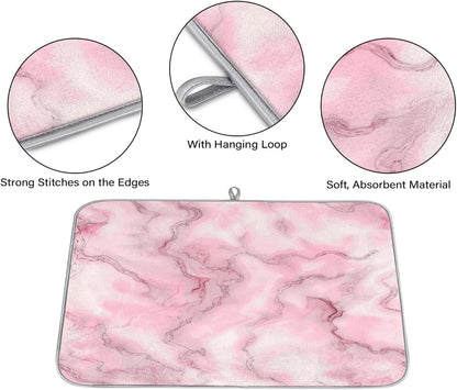 Polyester Absorbent Small Dish Drying Mat - 16x18 Inch Quick Dry Kitchen Counter Protector for Dishes & Utensils, Light Pink Marble Pattern