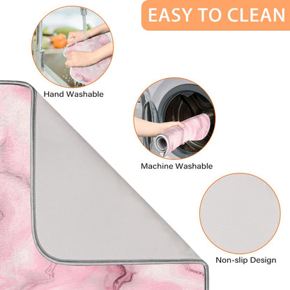 Polyester Absorbent Small Dish Drying Mat - 16x18 Inch Quick Dry Kitchen Counter Protector for Dishes & Utensils, Light Pink Marble Pattern