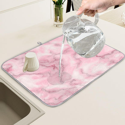 Polyester Absorbent Small Dish Drying Mat - 16x18 Inch Quick Dry Kitchen Counter Protector for Dishes & Utensils, Light Pink Marble Pattern