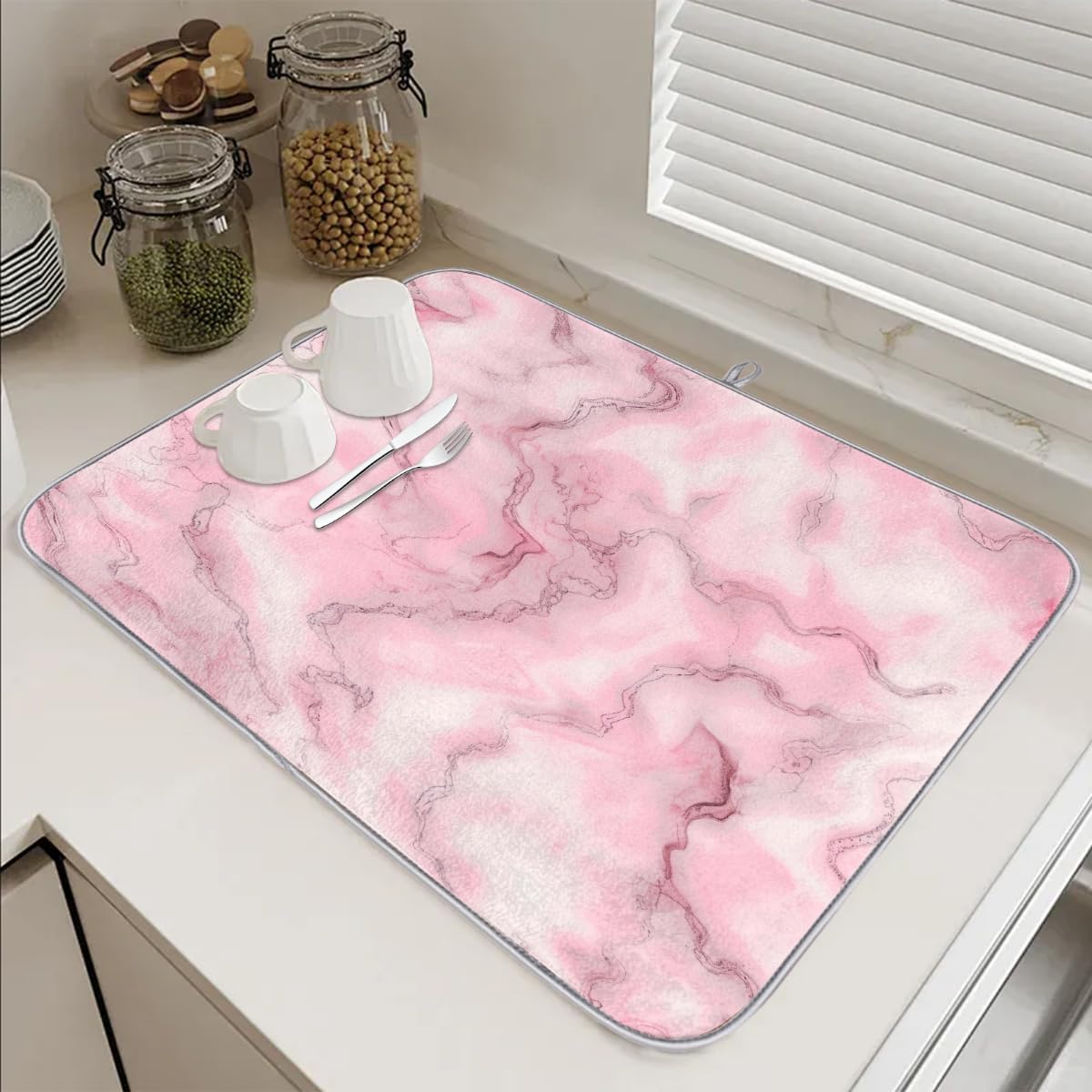 Polyester Absorbent Small Dish Drying Mat - 16x18 Inch Quick Dry Kitchen Counter Protector for Dishes & Utensils, Light Pink Marble Pattern