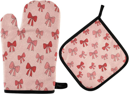 Oven Mitts and Pot Holders Set Pink Bows Kitchen Oven Gloves Hot Pads Heat Resistant Handling Cooking Cookware Bakeware BBQ