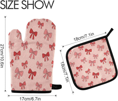 Oven Mitts and Pot Holders Set Pink Bows Kitchen Oven Gloves Hot Pads Heat Resistant Handling Cooking Cookware Bakeware BBQ