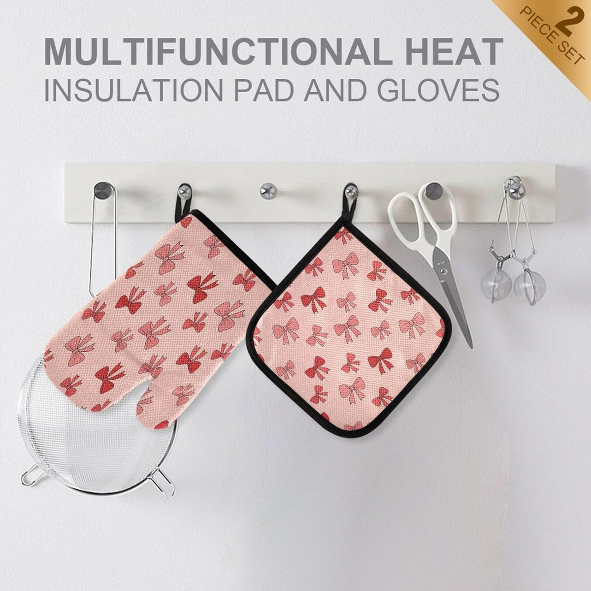Oven Mitts and Pot Holders Set Pink Bows Kitchen Oven Gloves Hot Pads Heat Resistant Handling Cooking Cookware Bakeware BBQ
