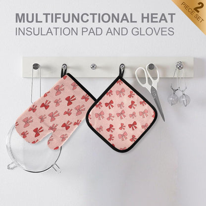 Oven Mitts and Pot Holders Set Pink Bows Kitchen Oven Gloves Hot Pads Heat Resistant Handling Cooking Cookware Bakeware BBQ
