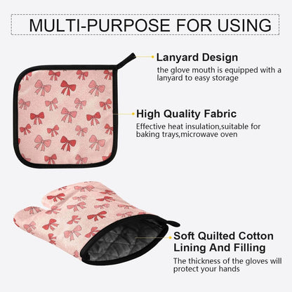 Oven Mitts and Pot Holders Set Pink Bows Kitchen Oven Gloves Hot Pads Heat Resistant Handling Cooking Cookware Bakeware BBQ