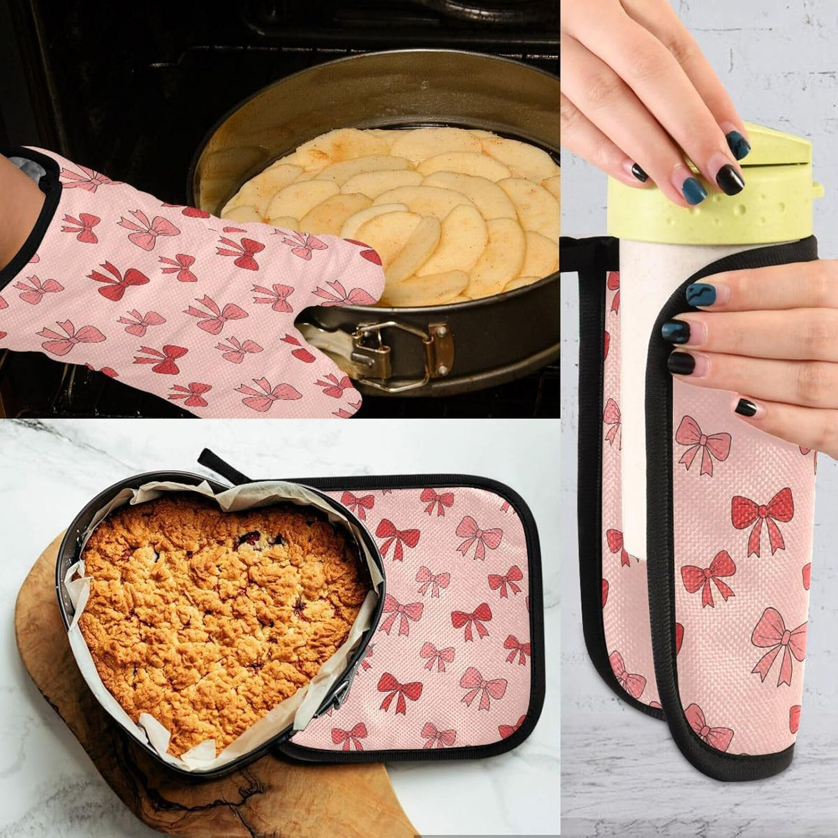 Oven Mitts and Pot Holders Set Pink Bows Kitchen Oven Gloves Hot Pads Heat Resistant Handling Cooking Cookware Bakeware BBQ