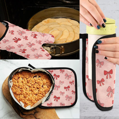 Oven Mitts and Pot Holders Set Pink Bows Kitchen Oven Gloves Hot Pads Heat Resistant Handling Cooking Cookware Bakeware BBQ