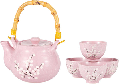 Japanese Plum Blossom Design Tea Set 27 fl oz Teapot with 4 Cups Serving Home Decor Asian Fusion Housewarming Decor (Pink)