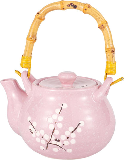 Japanese Plum Blossom Design Tea Set 27 fl oz Teapot with 4 Cups Serving Home Decor Asian Fusion Housewarming Decor (Pink)