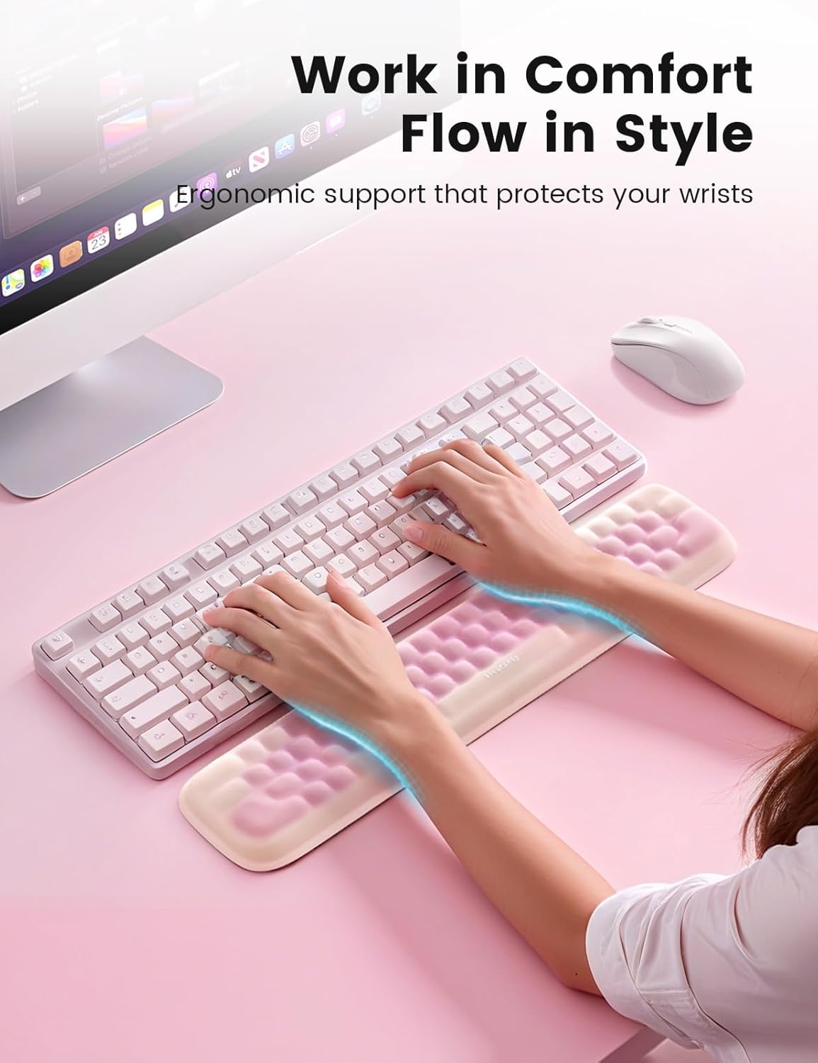 Keyboard Wrist Rest, Ergonomic Keypad Support, Soft Memory Foam Hand Rest Pad for Typing Comfort, Computer Desk Accessory for Hand Palm Pain Relief, Laptop Office Home School Women Girl Pink