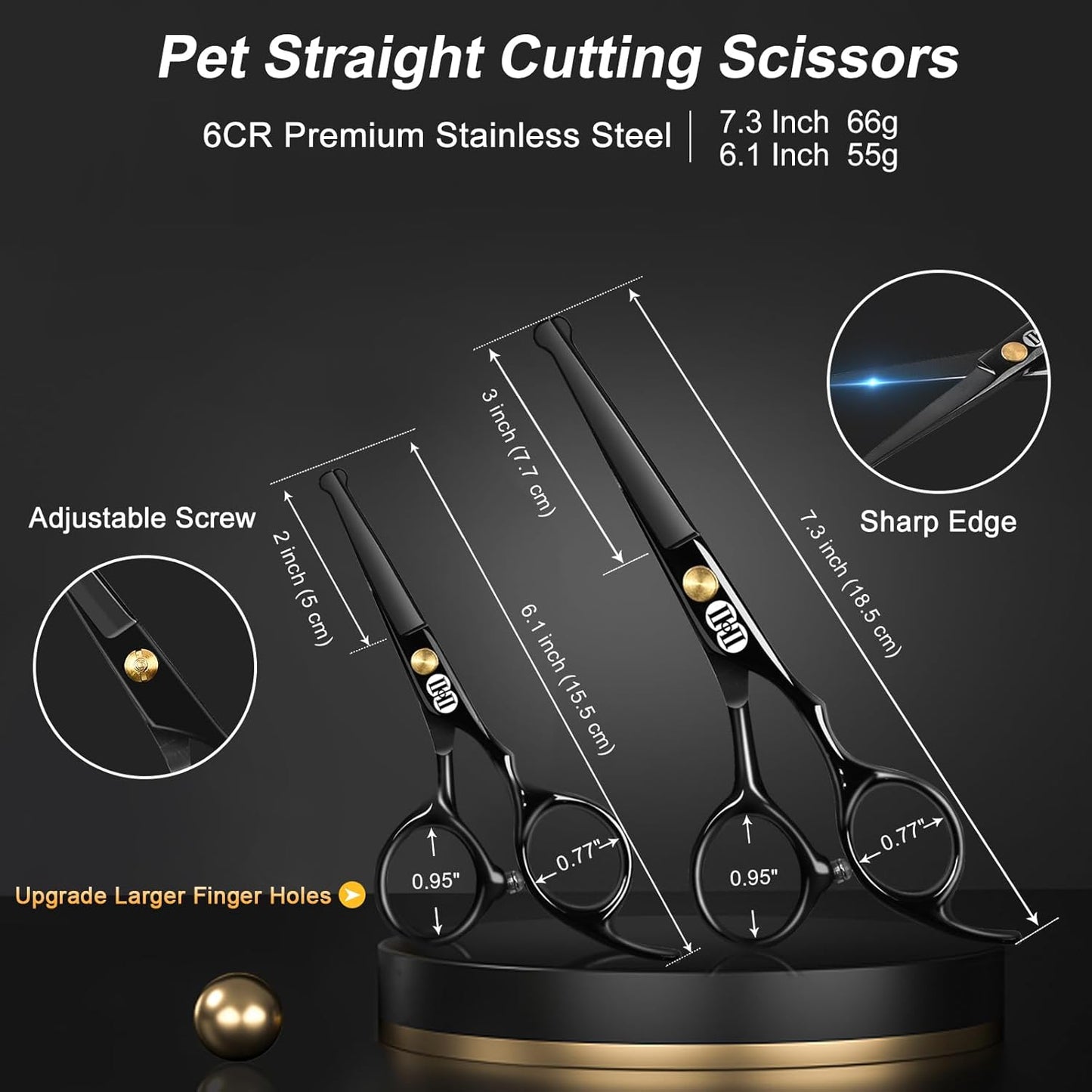 CIICII Dog Grooming Scissors Kit, 7 Inch Professional Pet Grooming Scissors Set with Safety Round Tip (Dogs/Cat Hair Cutting Trimming Thinning Shears with Curved Scissors) for DIY Home Salon (Black)