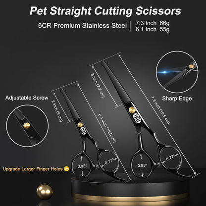 CIICII Dog Grooming Scissors Kit, 7 Inch Professional Pet Grooming Scissors Set with Safety Round Tip (Dogs/Cat Hair Cutting Trimming Thinning Shears with Curved Scissors) for DIY Home Salon (Black)