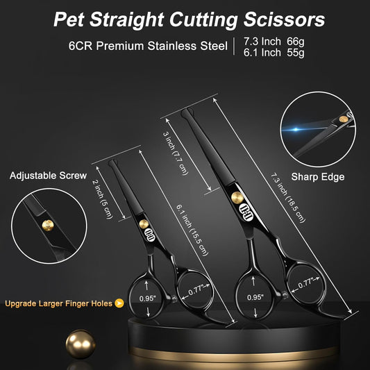 CIICII Dog Grooming Scissors Kit, 7 Inch Professional Pet Grooming Scissors Set with Safety Round Tip (Dogs/Cat Hair Cutting Trimming Thinning Shears with Curved Scissors) for DIY Home Salon (Black)