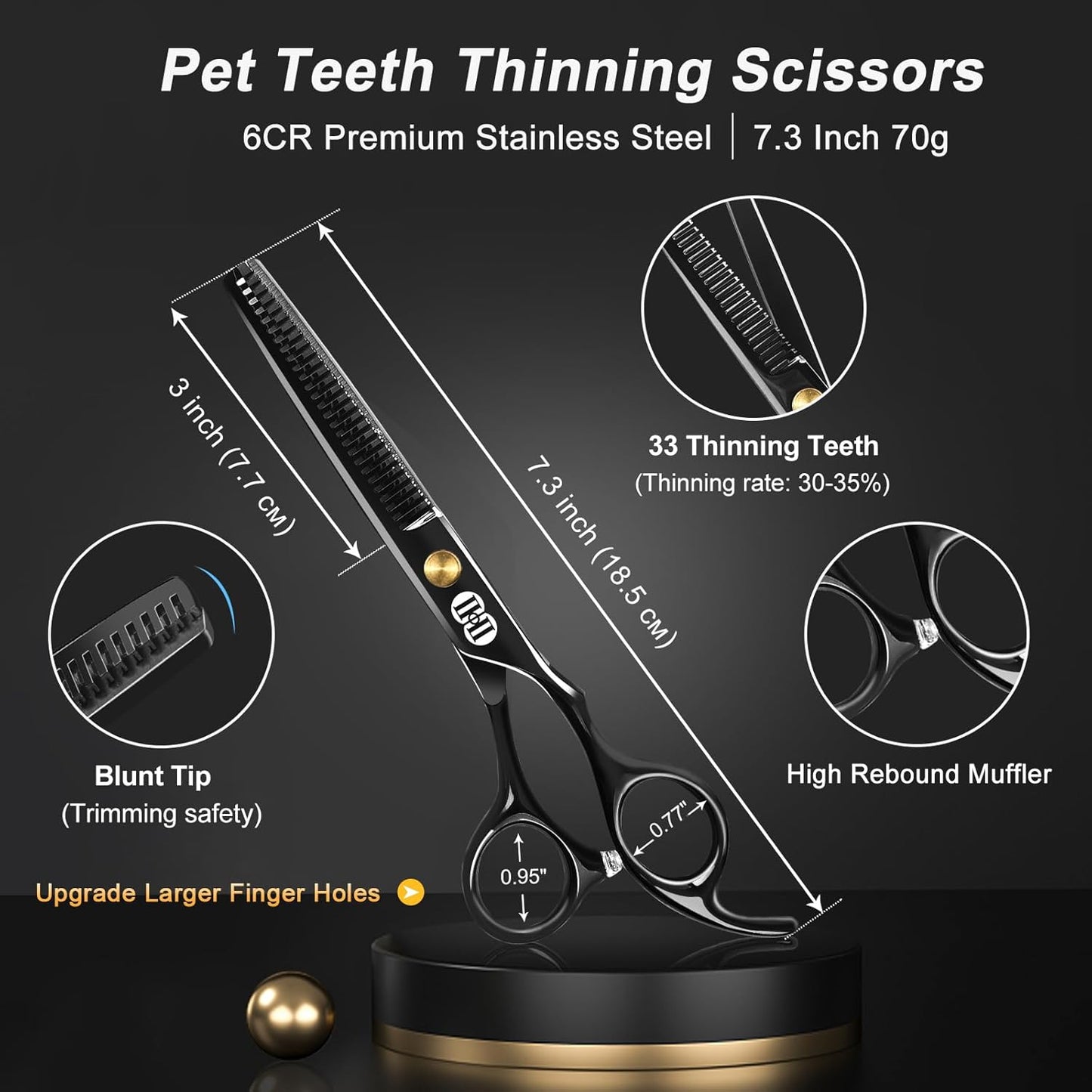 CIICII Dog Grooming Scissors Kit, 7 Inch Professional Pet Grooming Scissors Set with Safety Round Tip (Dogs/Cat Hair Cutting Trimming Thinning Shears with Curved Scissors) for DIY Home Salon (Black)