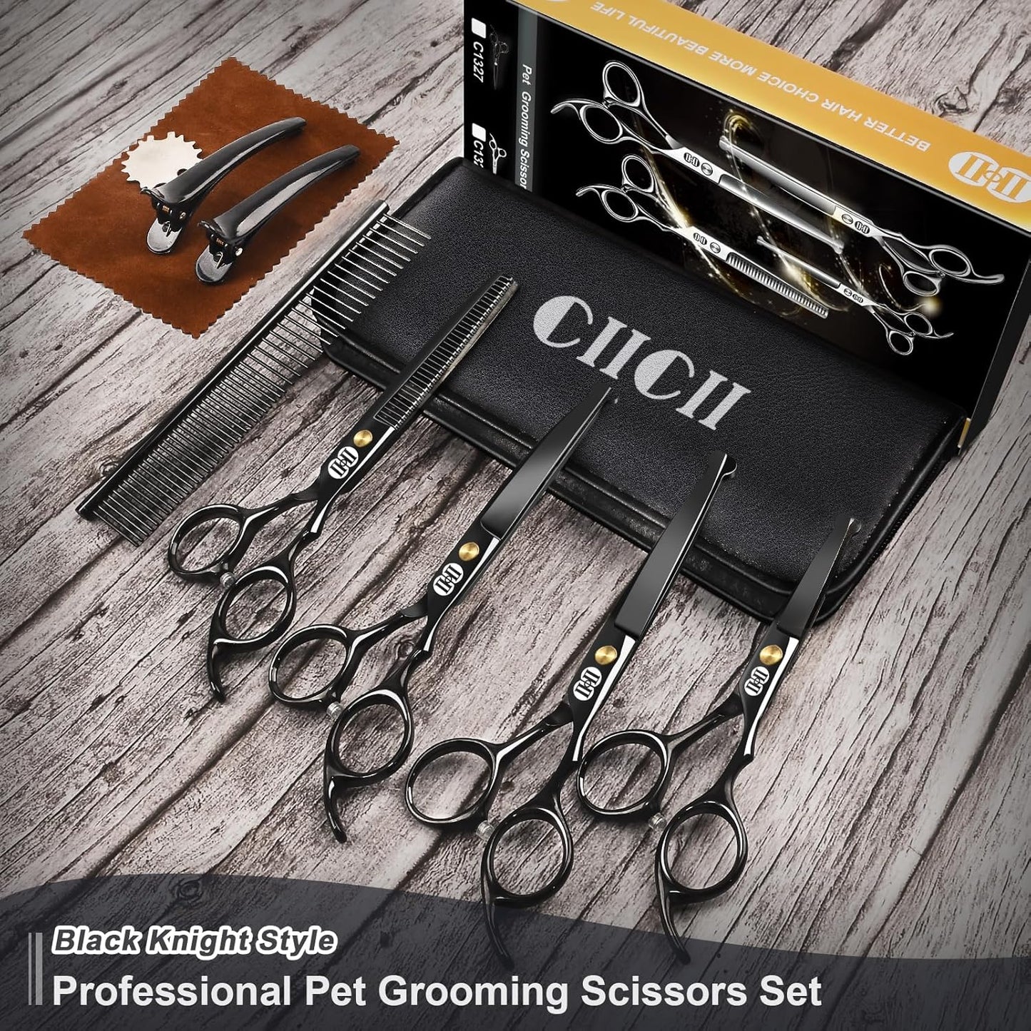CIICII Dog Grooming Scissors Kit, 7 Inch Professional Pet Grooming Scissors Set with Safety Round Tip (Dogs/Cat Hair Cutting Trimming Thinning Shears with Curved Scissors) for DIY Home Salon (Black)
