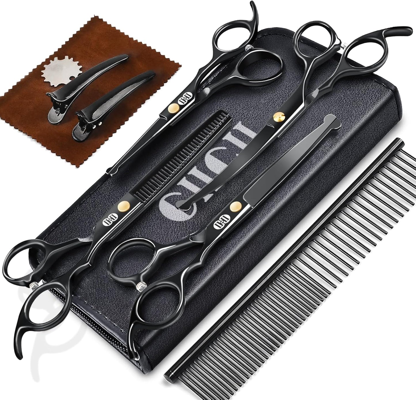 CIICII Dog Grooming Scissors Kit, 7 Inch Professional Pet Grooming Scissors Set with Safety Round Tip (Dogs/Cat Hair Cutting Trimming Thinning Shears with Curved Scissors) for DIY Home Salon (Black)