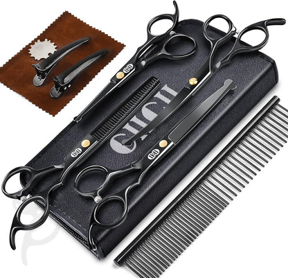 CIICII Dog Grooming Scissors Kit, 7 Inch Professional Pet Grooming Scissors Set with Safety Round Tip (Dogs/Cat Hair Cutting Trimming Thinning Shears with Curved Scissors) for DIY Home Salon (Black)