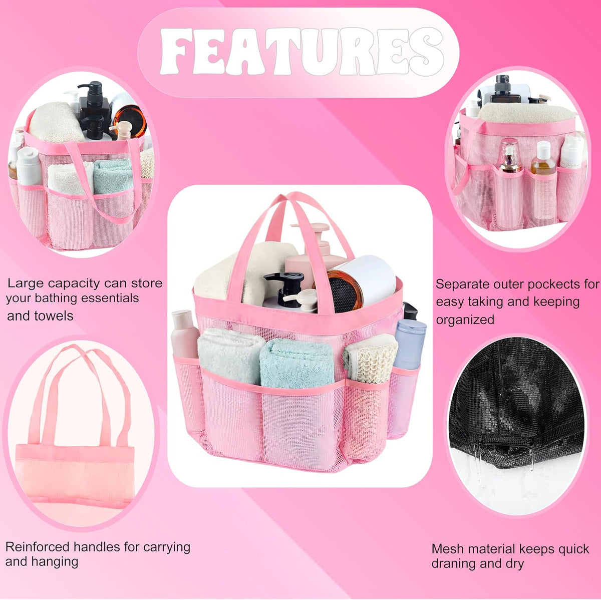 Mesh Shower Caddy Portable - 9 Pockets, Shower Bag for Dorm Room Camping