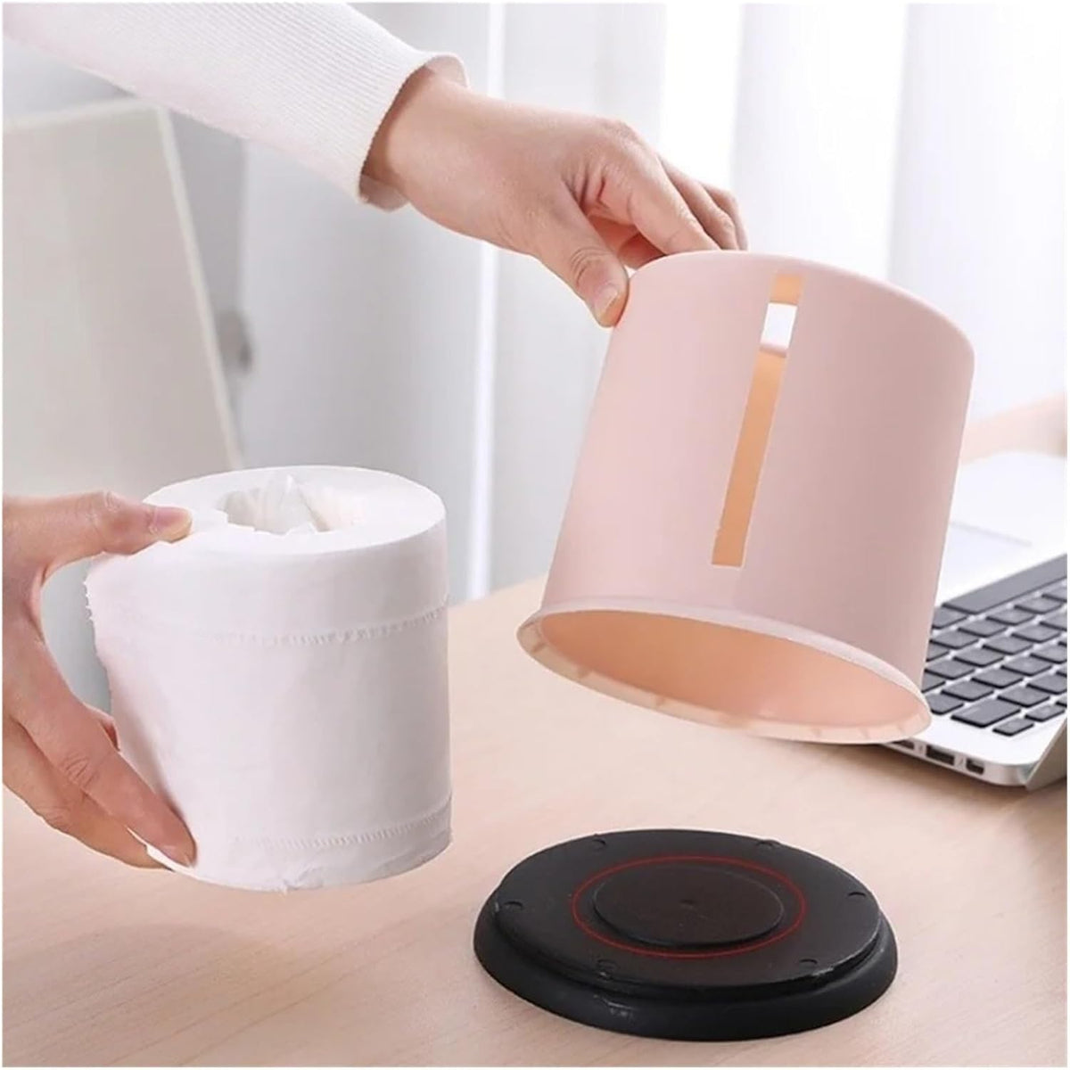 1 Pcs Plastic Tissue Box Round Living Room Pumping Creative Cylinder Multifunctional Household Toilet Roll Paper Storage(Pink)