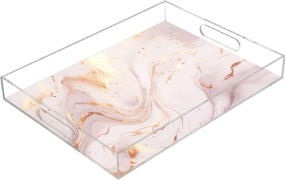 Abstract Marble Gold Pink Serving Tray Acrylic Decorative Trays 16" x 12" Serving Platter with Handles for Coffee Table, Dessert Party, Bathroom Vanity Countertop