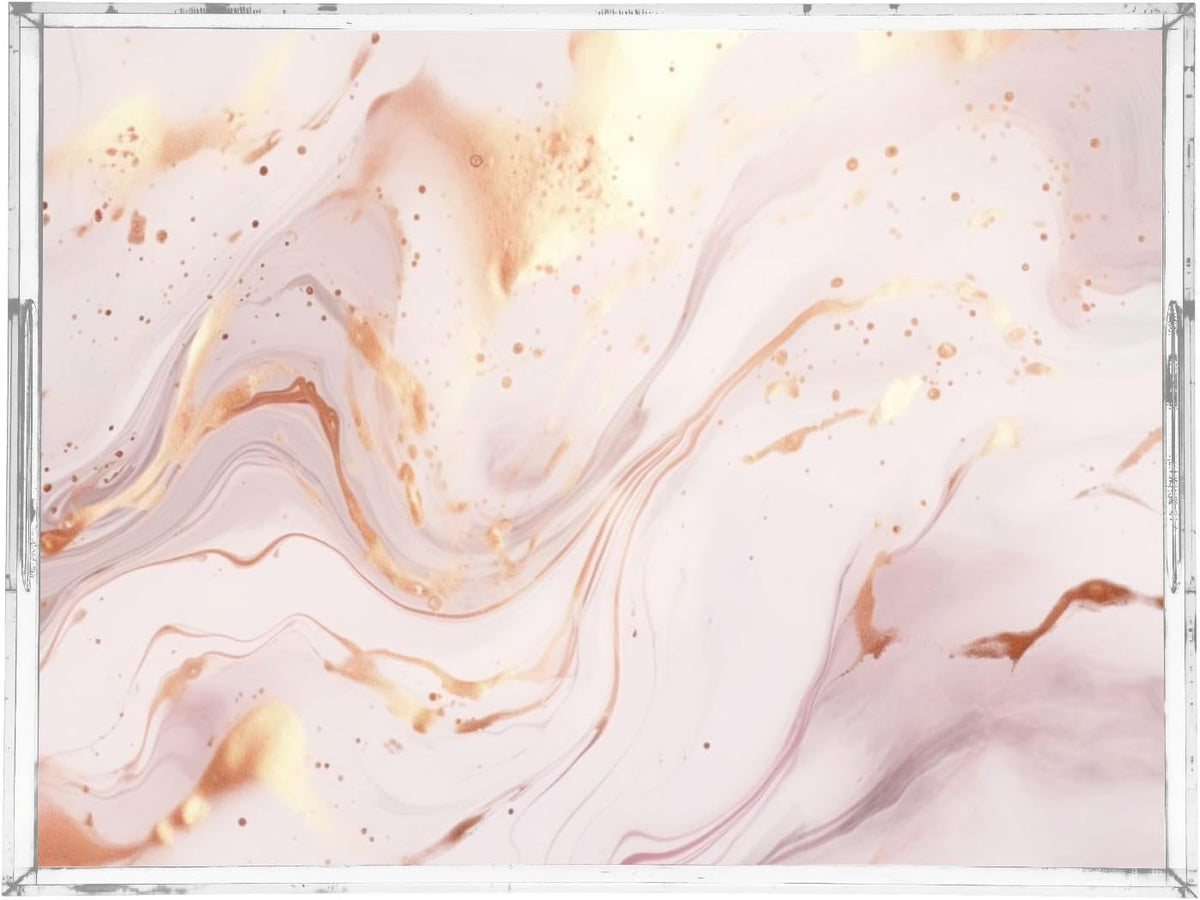 Abstract Marble Gold Pink Serving Tray Acrylic Decorative Trays 16" x 12" Serving Platter with Handles for Coffee Table, Dessert Party, Bathroom Vanity Countertop