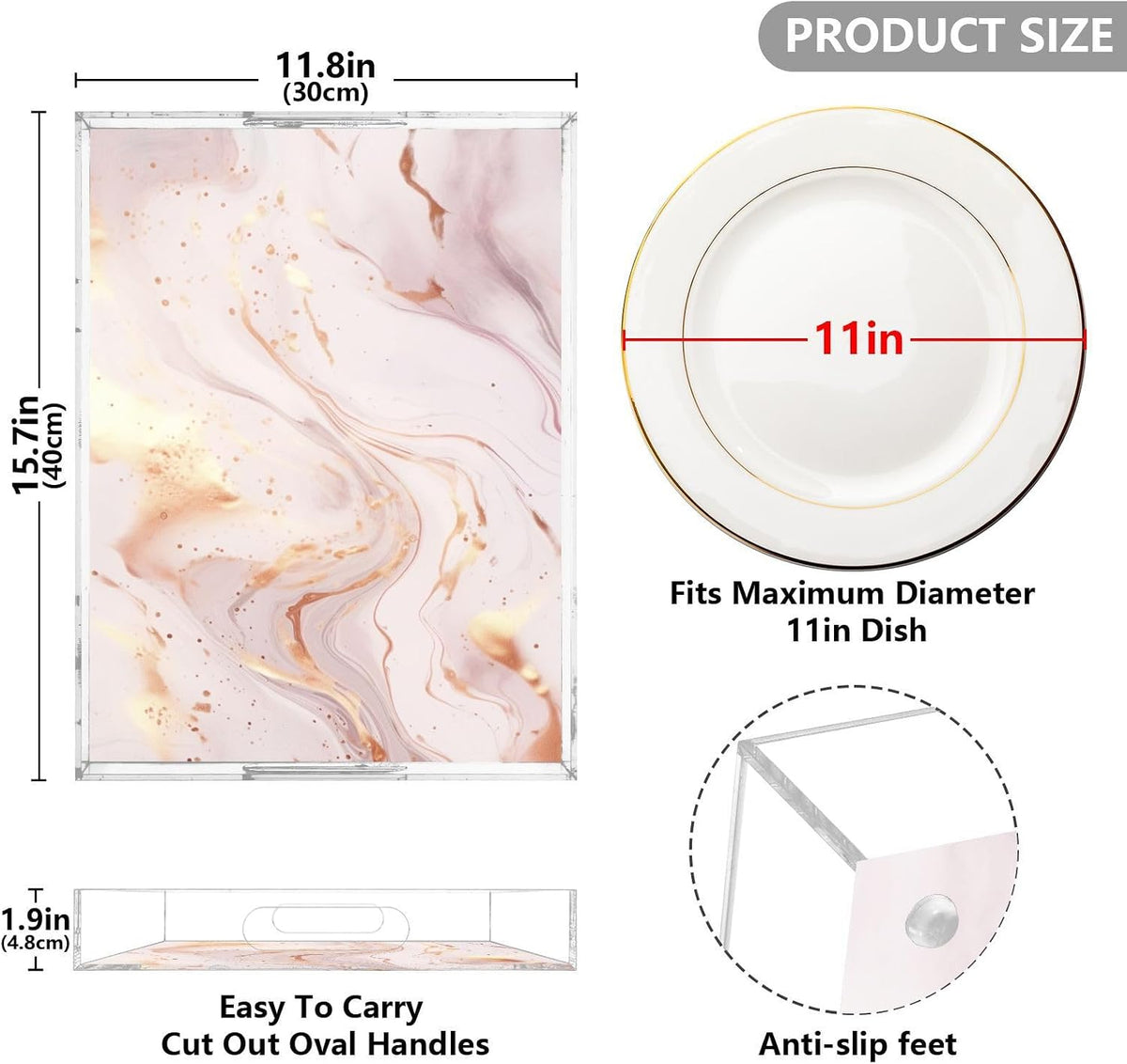 Abstract Marble Gold Pink Serving Tray Acrylic Decorative Trays 16" x 12" Serving Platter with Handles for Coffee Table, Dessert Party, Bathroom Vanity Countertop