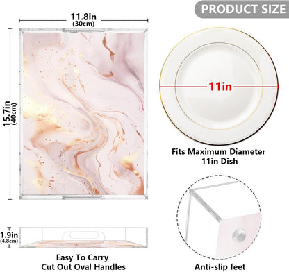 Abstract Marble Gold Pink Serving Tray Acrylic Decorative Trays 16" x 12" Serving Platter with Handles for Coffee Table, Dessert Party, Bathroom Vanity Countertop