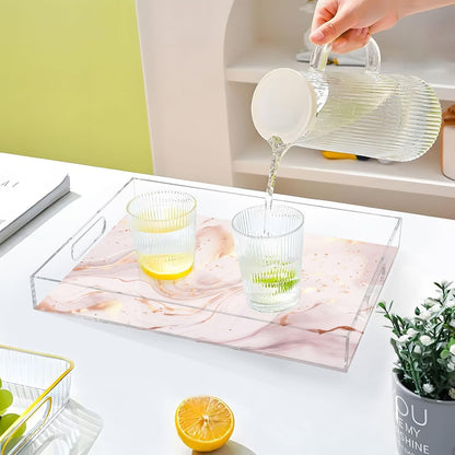 Abstract Marble Gold Pink Serving Tray Acrylic Decorative Trays 16" x 12" Serving Platter with Handles for Coffee Table, Dessert Party, Bathroom Vanity Countertop