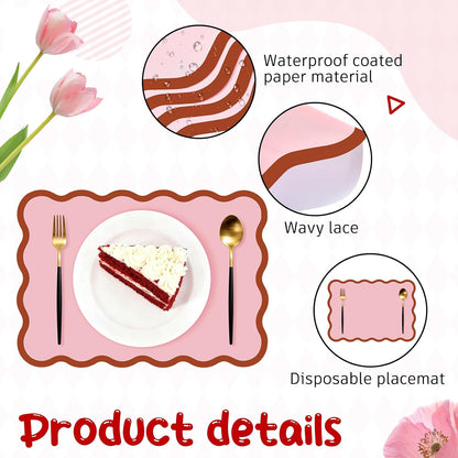 Scalloped Disposable Paper Placemats, 60 Pcs,10 x 14 Inch Rectangle,Pink