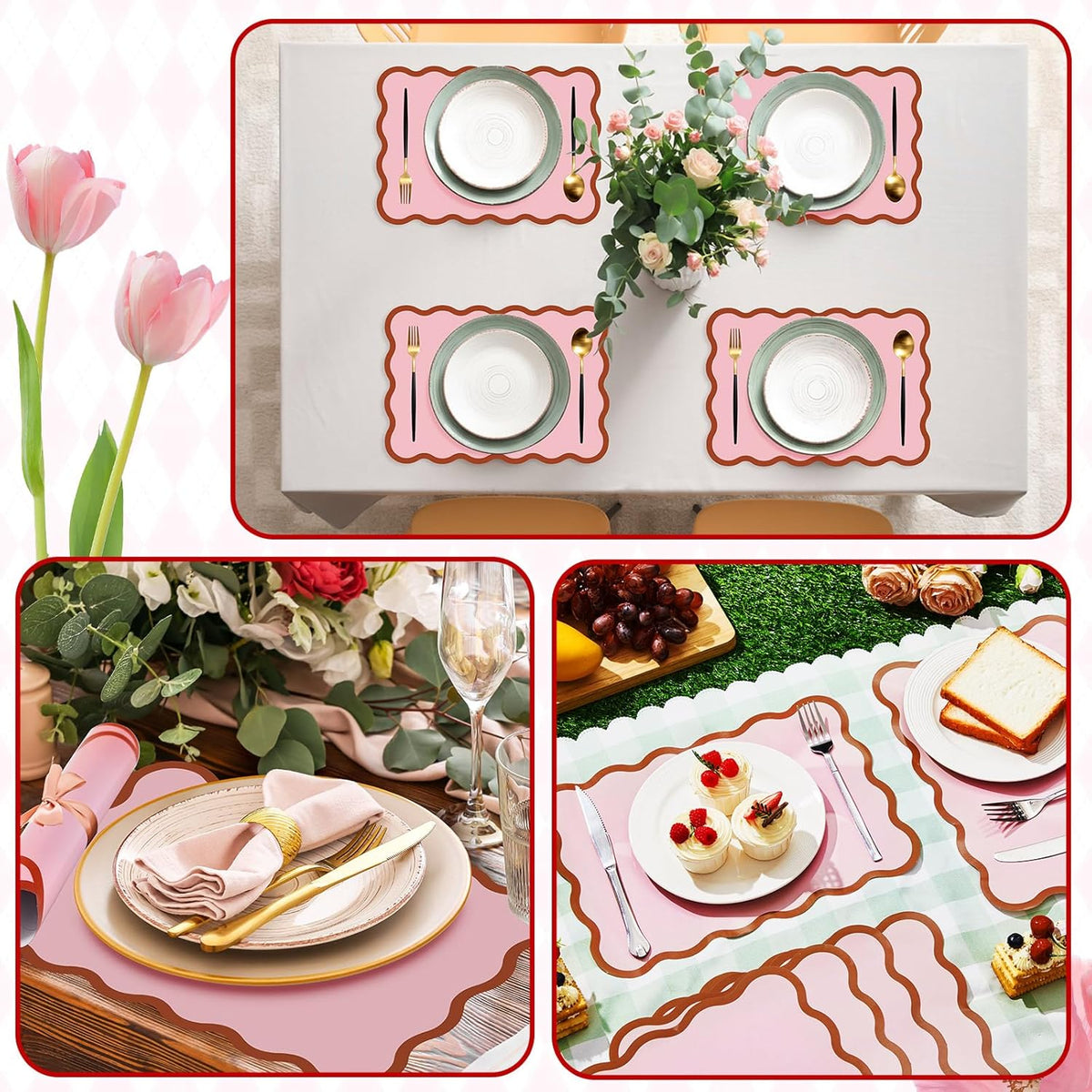 Scalloped Disposable Paper Placemats, 60 Pcs,10 x 14 Inch Rectangle,Pink