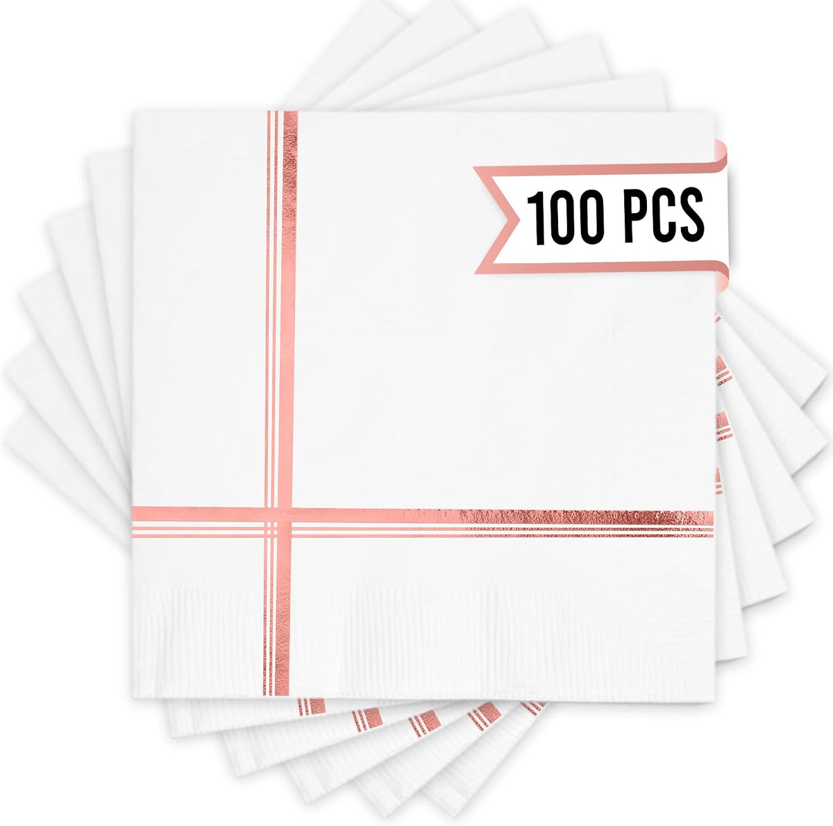 White and Rose Gold Napkins – Set of 100 Disposable 5x5 Inch Cocktail and Dessert Napkins with Gold Trim, Perfect for Wedding Parties and Events